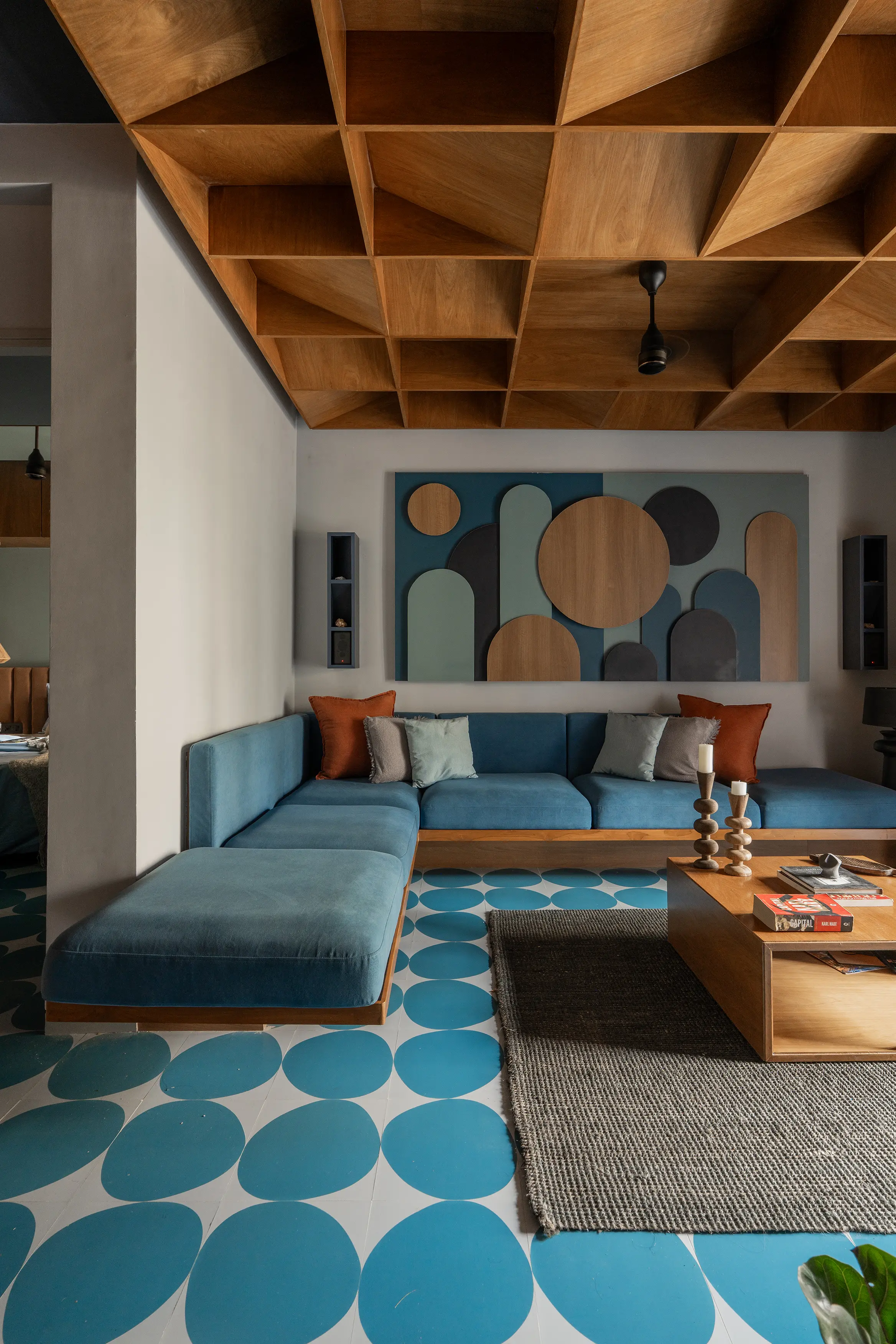 Chennai Interiors living room with wooden ceiling